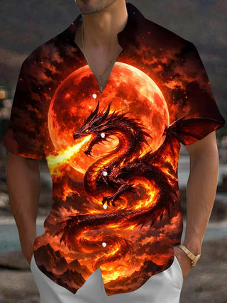 Men's Black Dragon Print Short Sleeve Shirt Front View