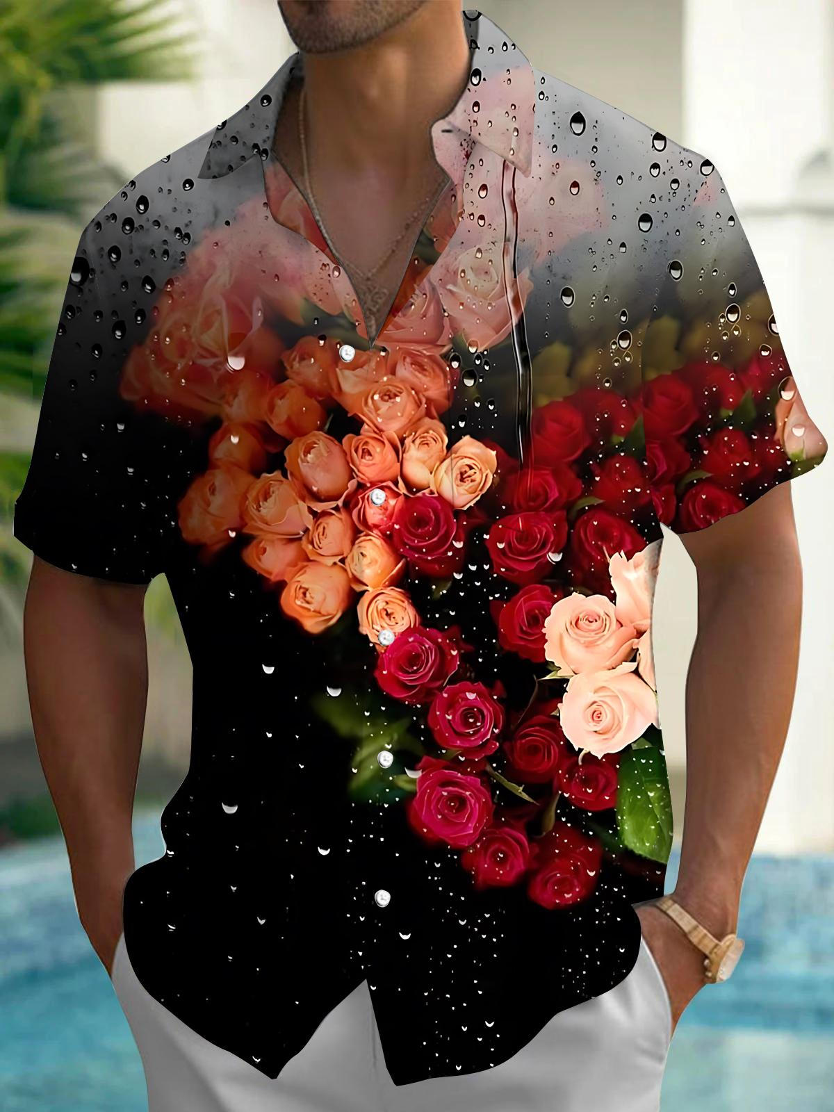 Flower Drop Print Men's Pocket Short Sleeve Shirts