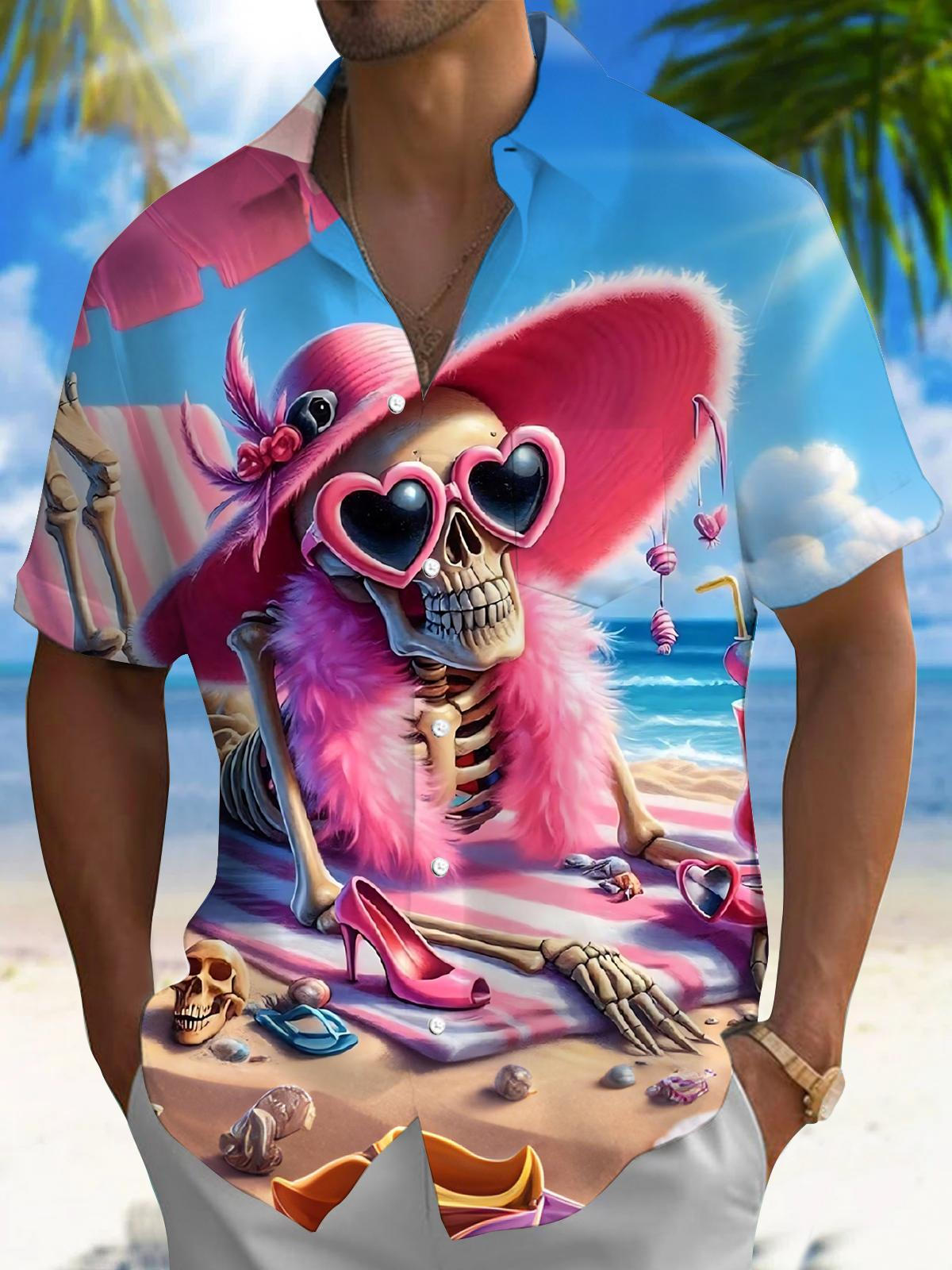 Beach Skull Hawaiian PrintMen's Pocket Short Sleeve Shirts
