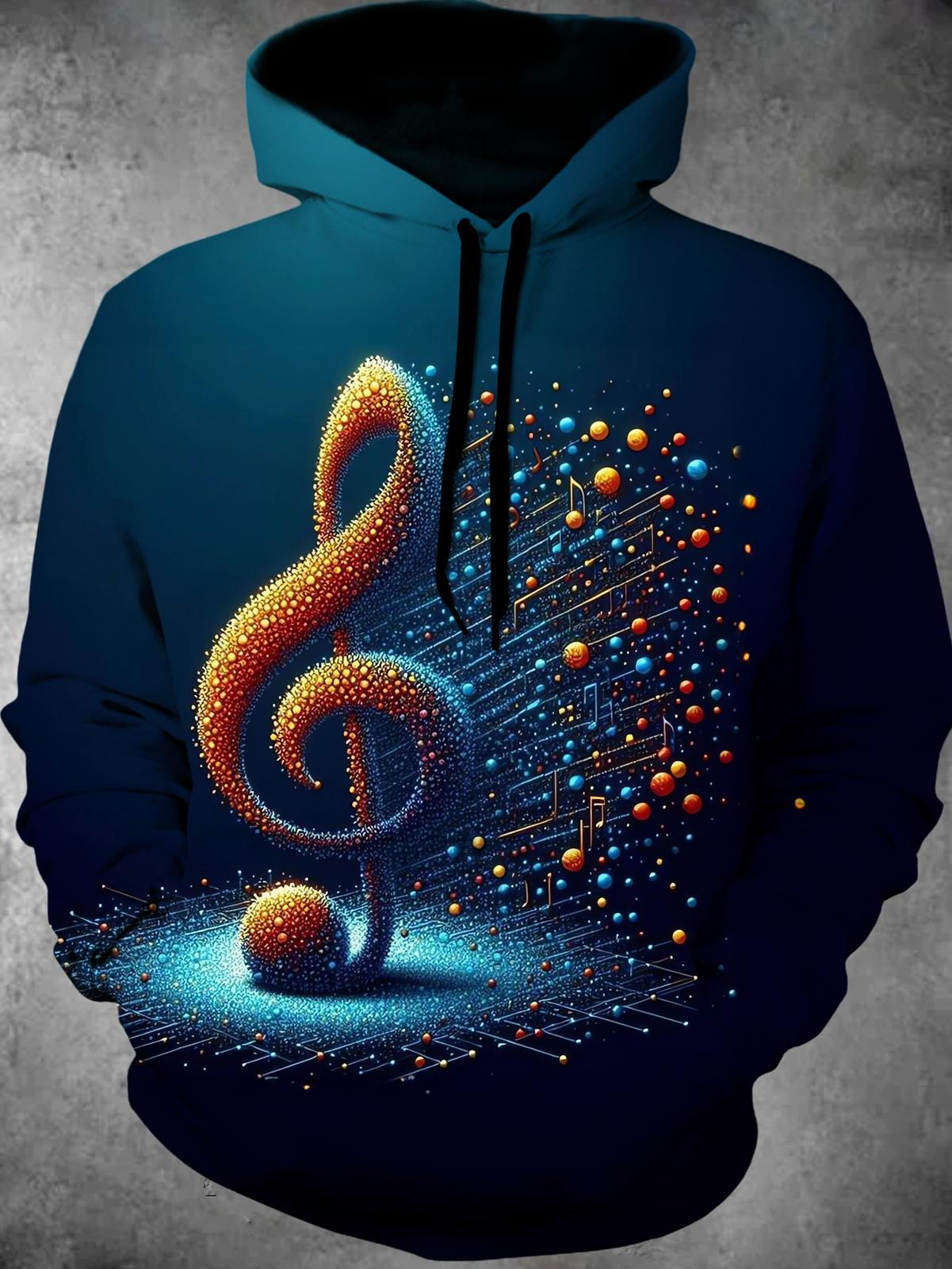 Music Note Long Sleeve Hooded Pocket Men's Top