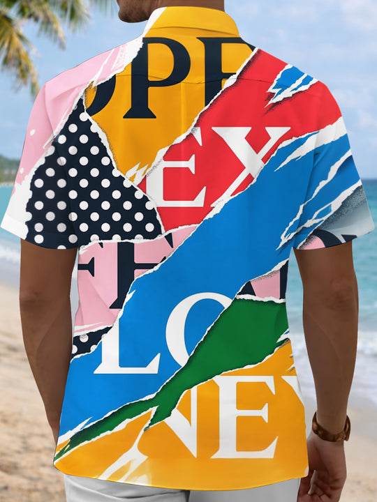 Men's short sleeve geometric letter art print shirt back view