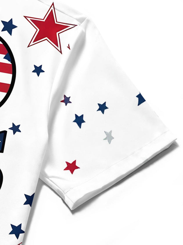 Men's red white blue American flag print short sleeve shirt close-up detail