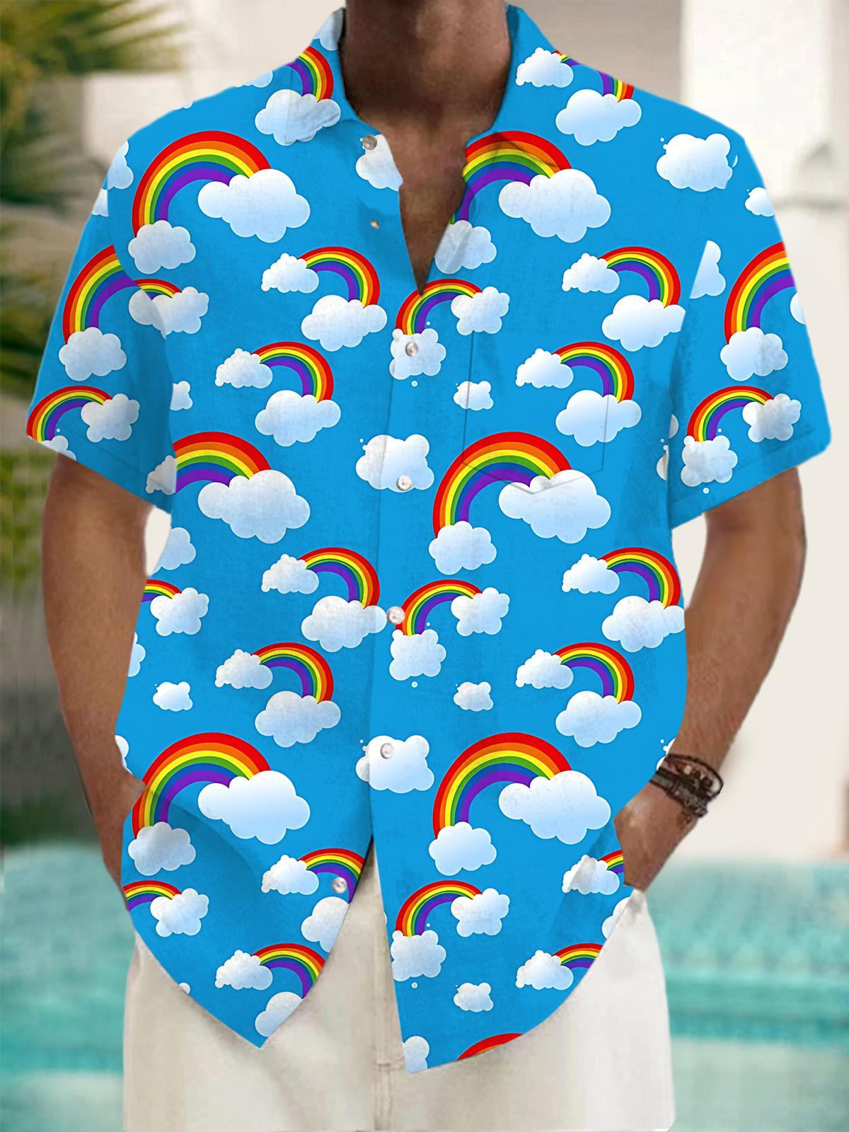 Rainbow Cloud Print Men's Pocket Short Sleeve Shirts