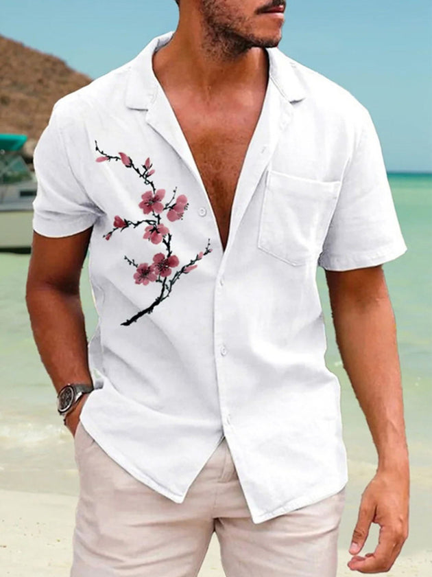 Men's short sleeve Cuban collar shirt with cherry blossom print, front view