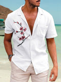 Cherry Blossom Print Men's Pocket Cuban Collar Short Sleeve Shirt