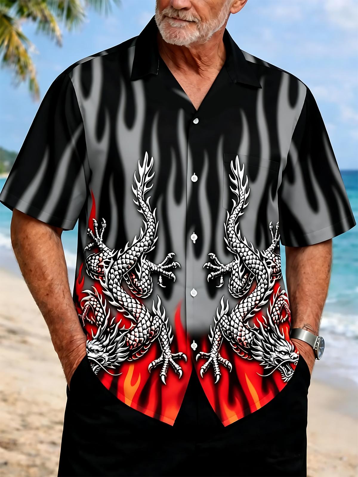 Men's dragon print short sleeve pocket shirt front view