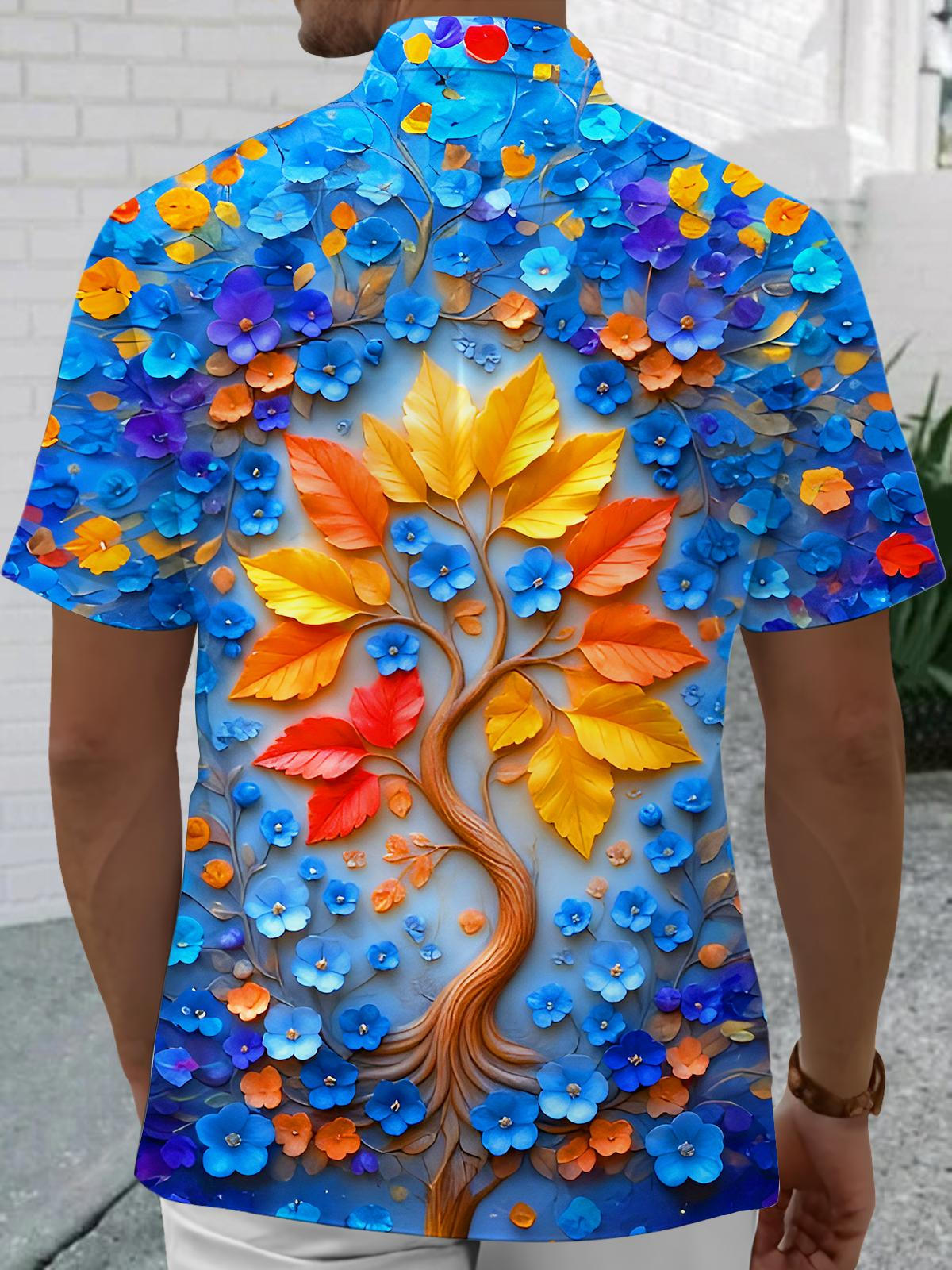 Art Relief Floral Leaves Men's Pocket Short Sleeve Shirts