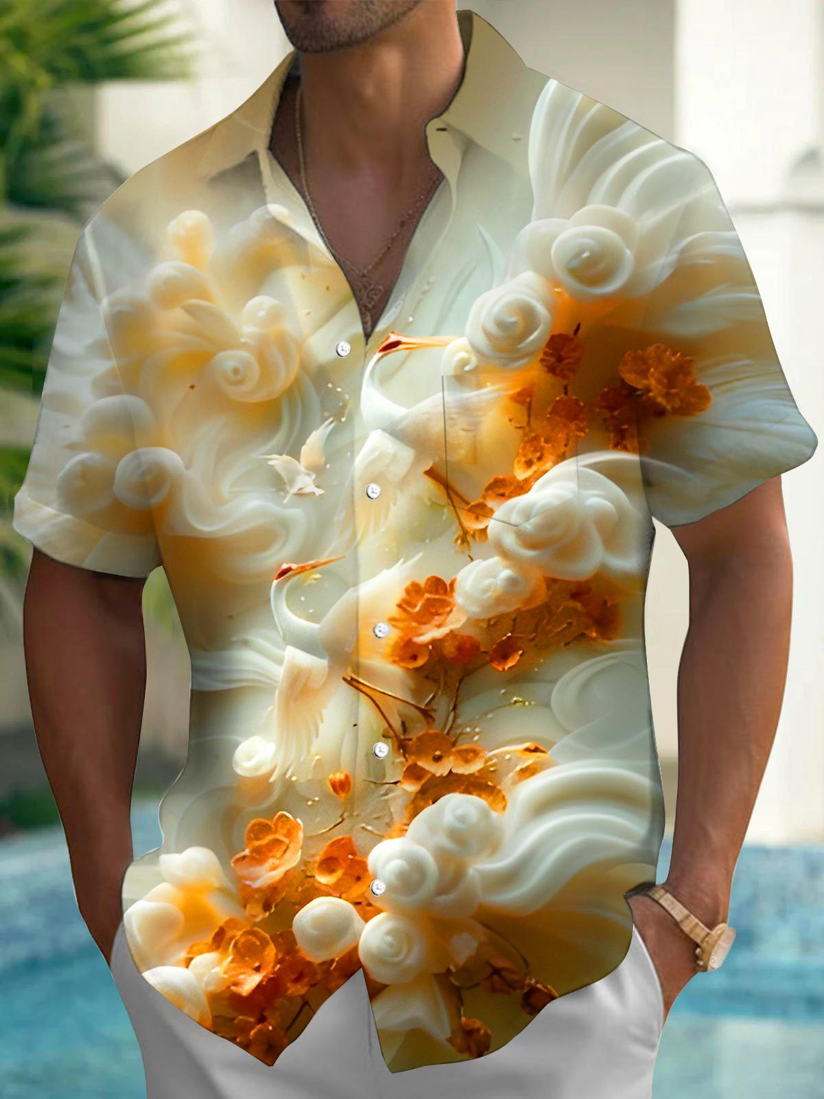 Crane Floral Art Relief Men's Pocket Short Sleeve Shirts