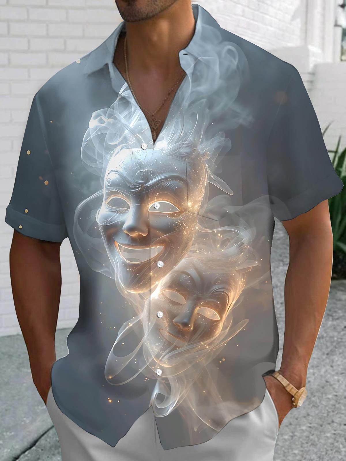 Mask Print Men's Pocket Short Sleeve Shirts