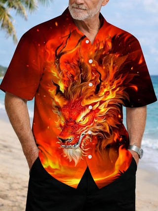 Men's dragon print pocket short sleeve shirt front view