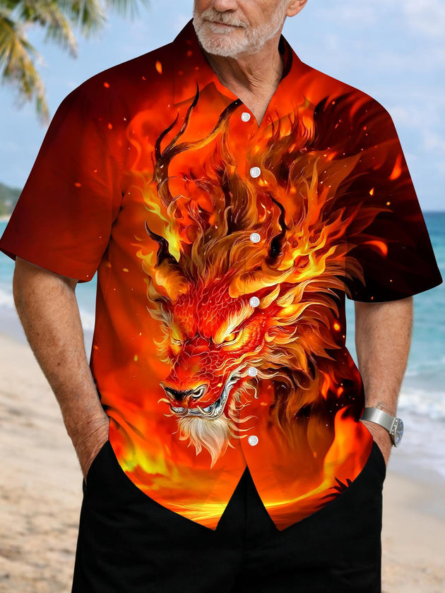Men's dragon print pocket short sleeve shirt front view