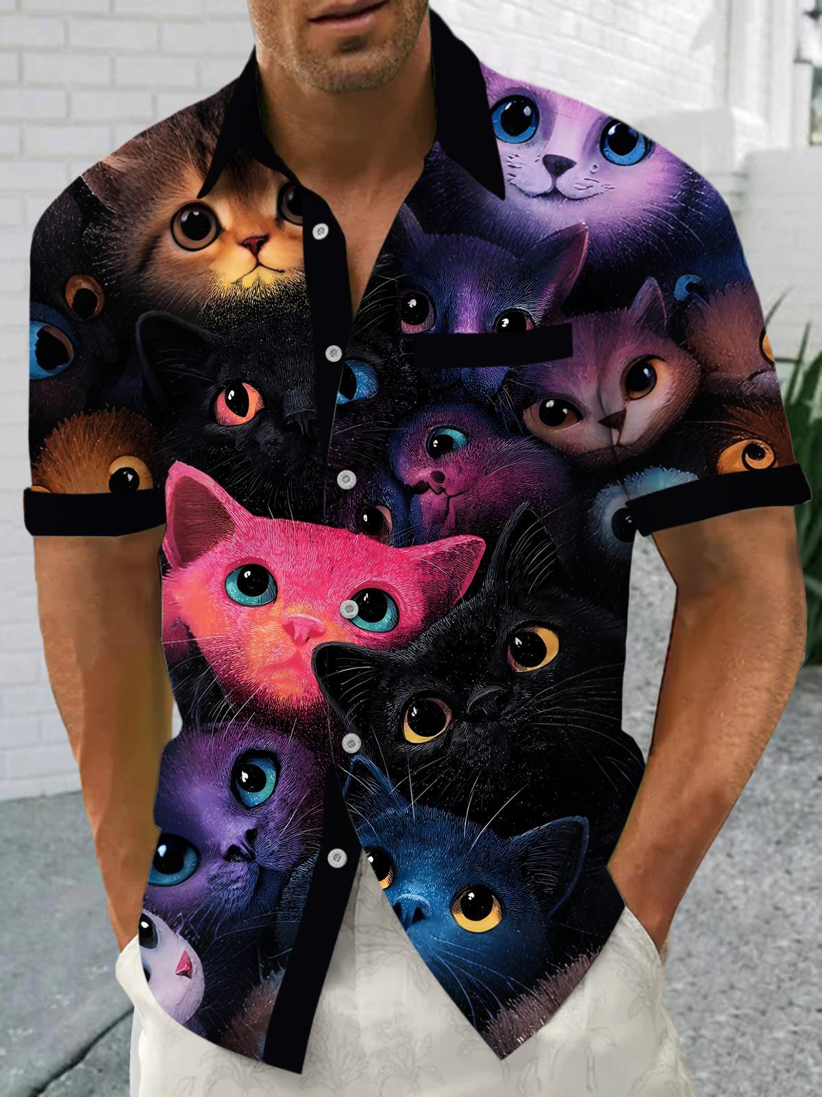 Cat Print Men's Pocket Short Sleeve Shirts