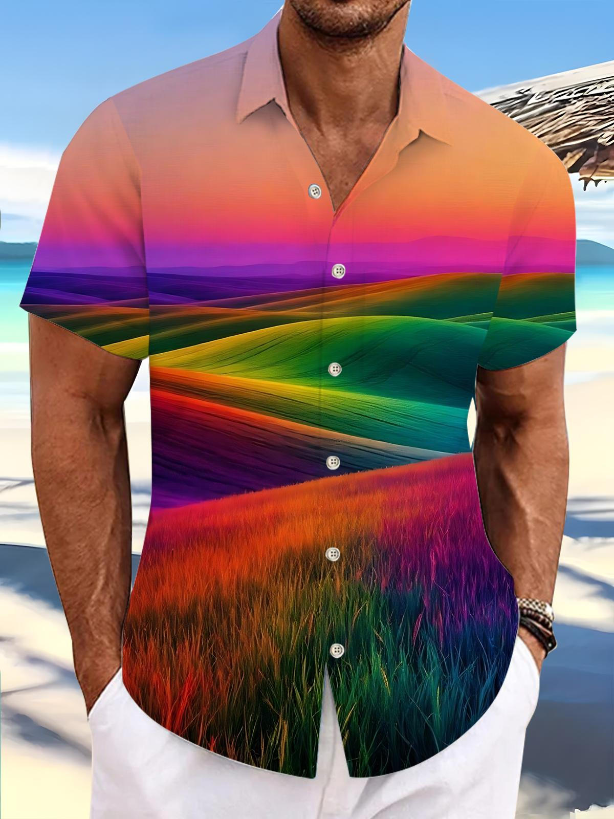 Colorful Hill Scenery Print Men's Pocket Short Sleeve Shirts