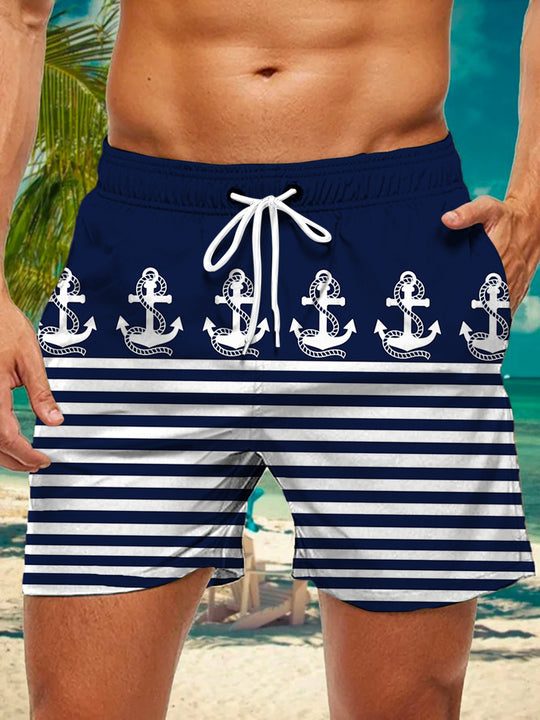 Men's blue anchor stripe casual shorts front view
