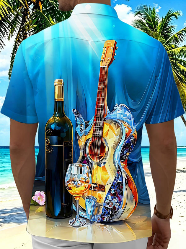 Art Guitar Wine Bottle Goblet Men's Pocket Short Sleeve Shirts