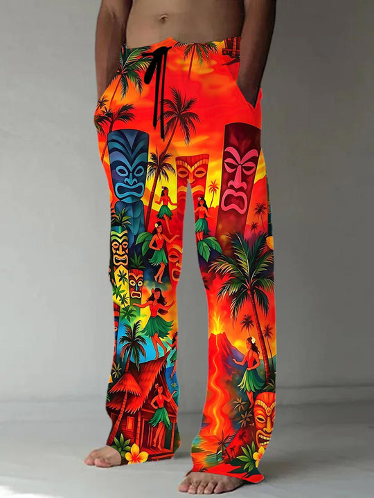 Hawaiian Coconut Trees Volcano Tiki Men's Casual Elastic Waist Pants