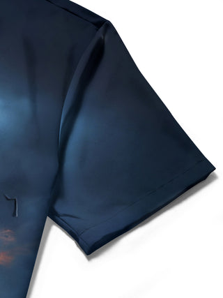 men's shark print shirt close-up short sleeve