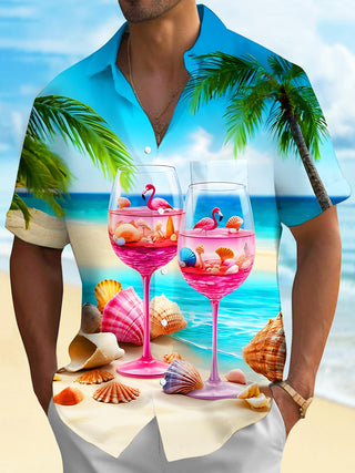 Men's tropical palm tree print short sleeve shirt front view for beach vacation