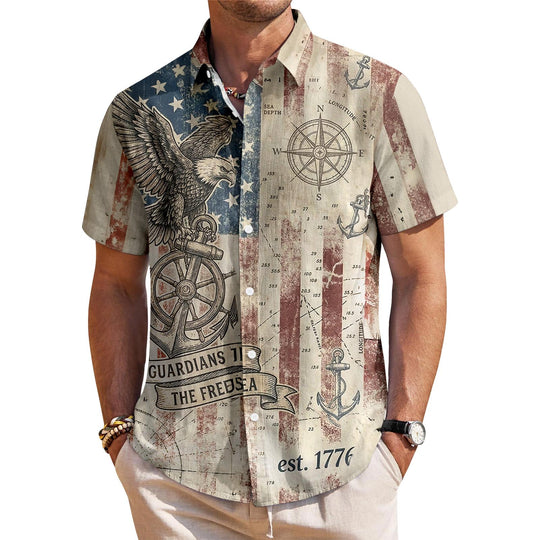 Men's American flag Hawaiian shirt lifestyle photo at a summer vacation beach, short sleeve tropical top for Independence