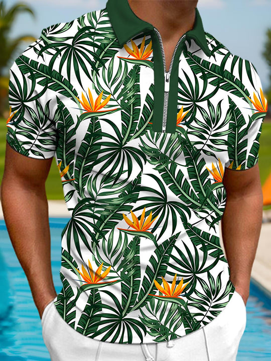 Men's Hawaiian leaf floral short sleeve zipper polo shirt front view for tropical beach vacation