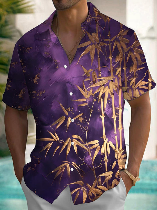 Men's blue bamboo print short sleeve shirt front view