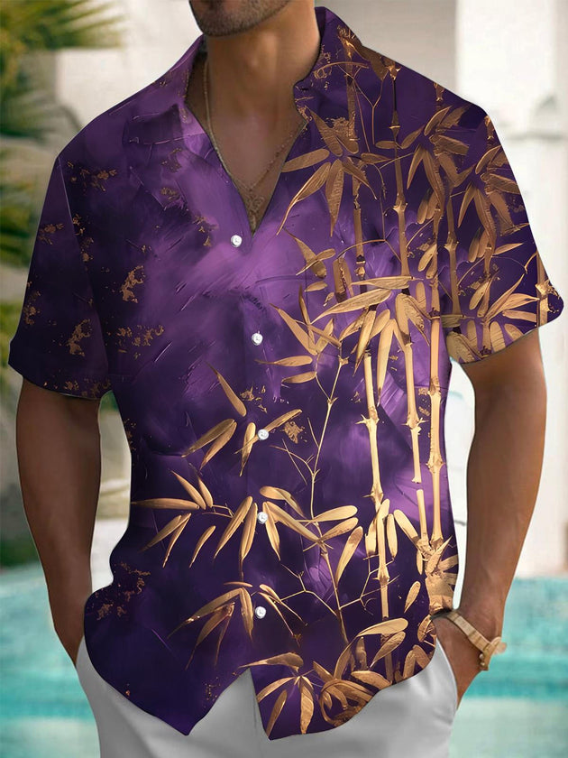 Men's blue bamboo print short sleeve shirt front view
