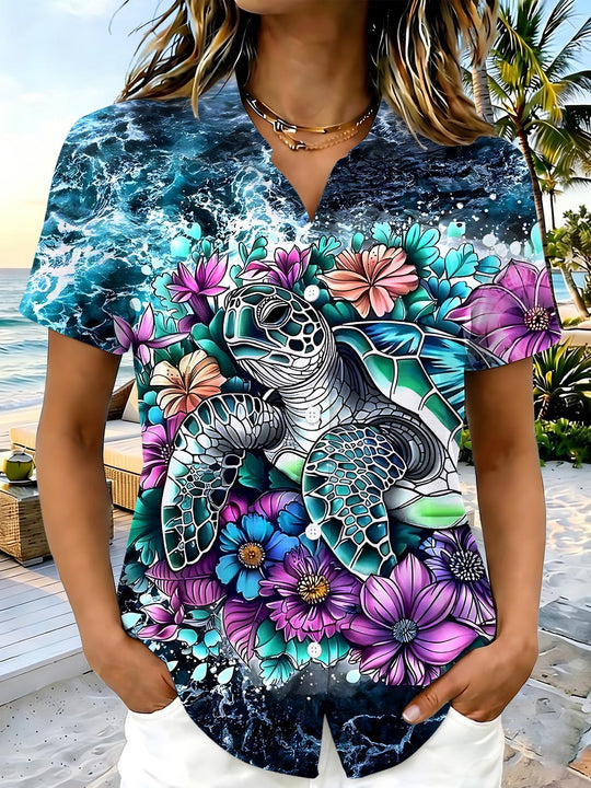 Hawaiian Sea Turtle Floral Women's Short Sleeve Shirts