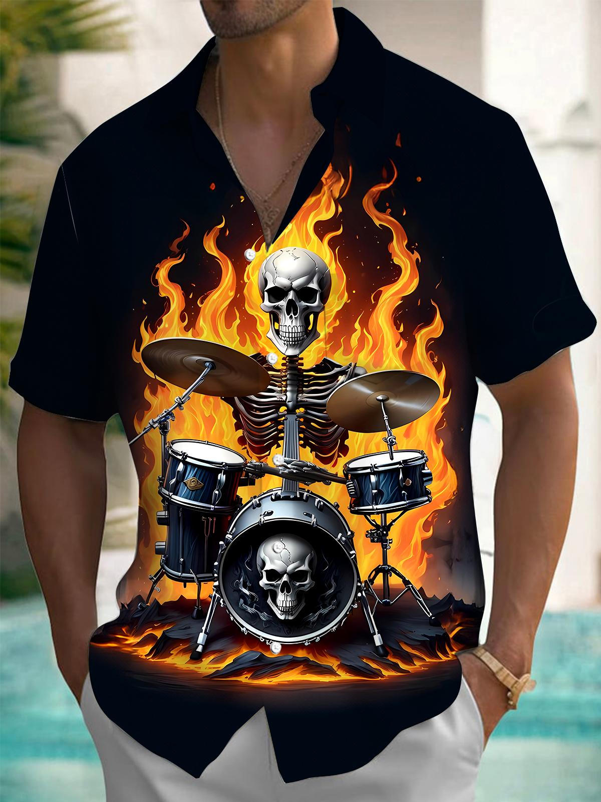 Skull Drumming Men's Pocket Short Sleeve Shirts