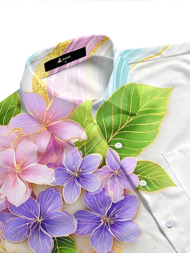 Art Gold Foil Gradient Purple Floral Hawaiian Men's Pocket Short Sleeve Shirts