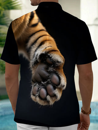 Men's black animal paw print short sleeve shirt back view