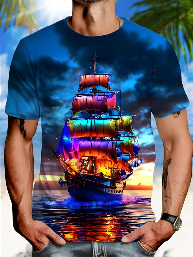 Men's Hawaiian short sleeve graphic t-shirt front view for tropical beach vacation