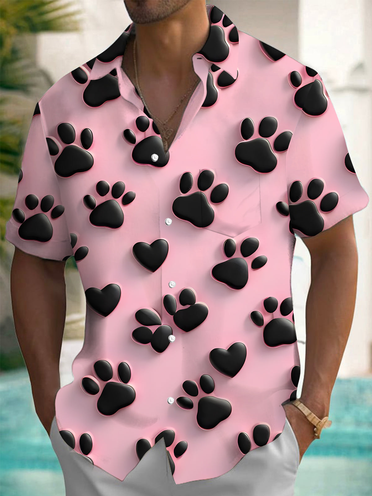 Dog Paw Print Men's Pocket Short Sleeve Shirts