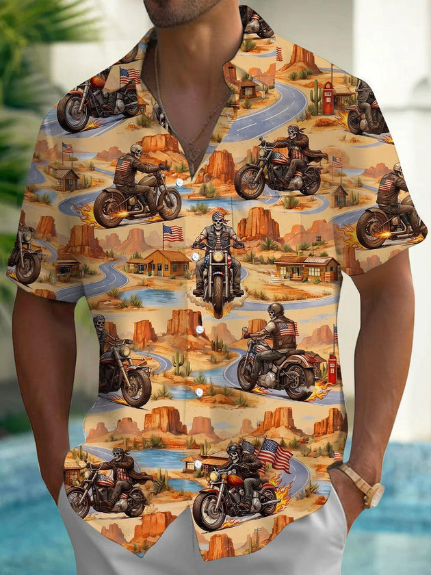 American Flag Motorcycle Skull Print Men's Pocket Short Sleeve Shirts