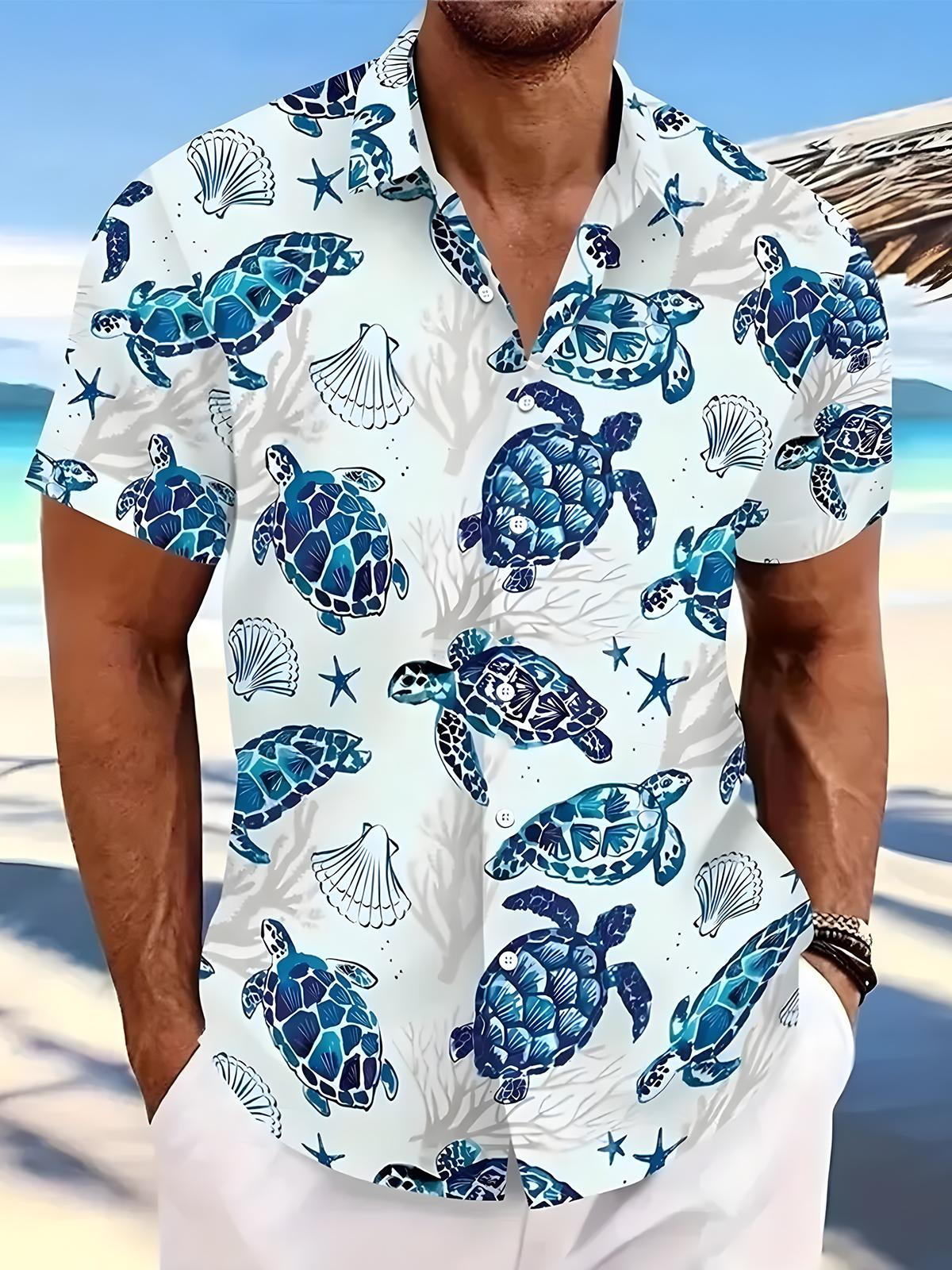 Hawaiian Turtle Print Men's Pocket Short Sleeve Shirts