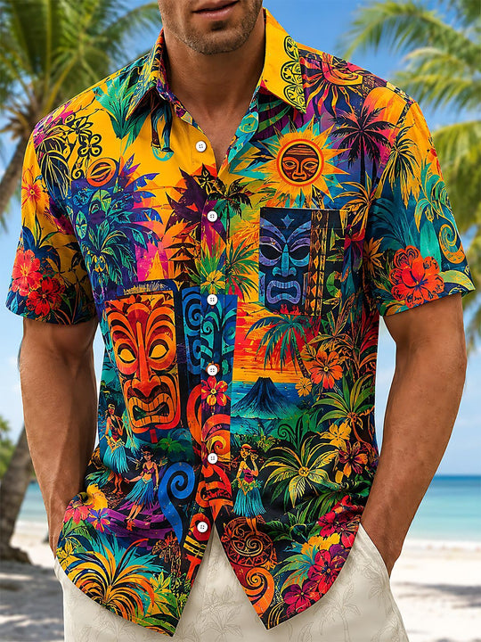 Retro Hawaii Tiki Mask Tropical Flower Men's Pocket Short Sleeve Shirts