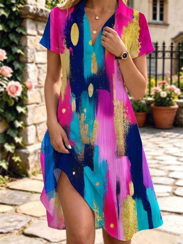 Art Color Block Gold Foil Abstract Oil Painting Women's Short Sleeve Shirt Collar Dress