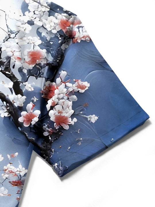 Men's floral short sleeve shirt close-up detail view
