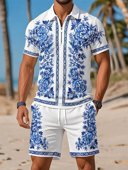 Art Blue And White Porcelain Floral Pattern Men's Short Sleeve Zipper Polo And Shorts Set