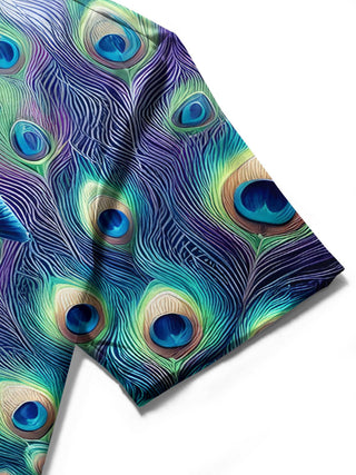 men's peacock print shirt close-up short sleeve