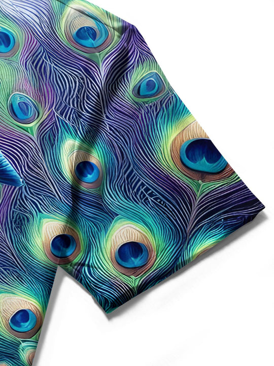 men's peacock print shirt close-up short sleeve