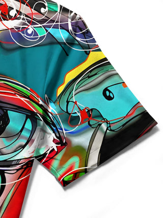 Men's abstract face art print short sleeve shirt detail close-up