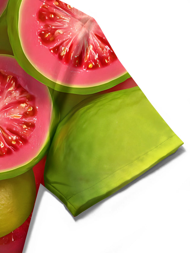 Men's guava print short sleeve shirt close-up detail