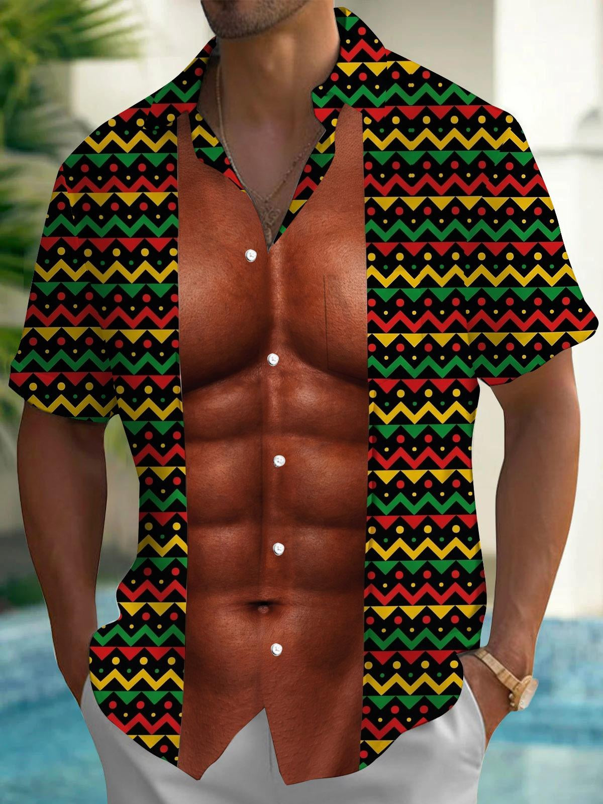 Funny Muscle Hawaiian Print Men's Pocket Short Sleeve Shirts