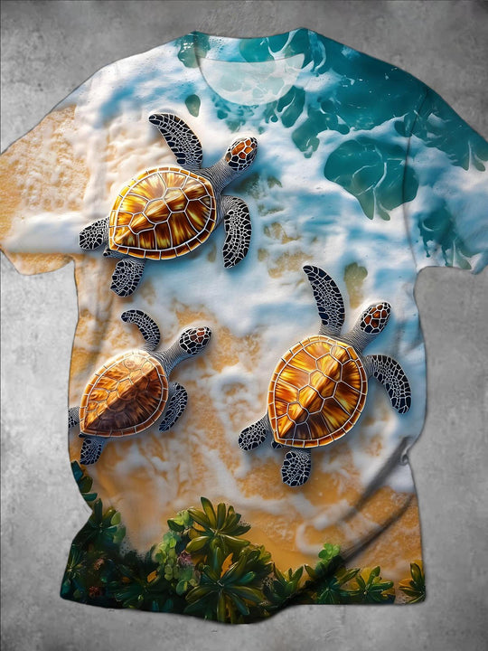 Men's blue graphic short sleeve t-shirt front view for beach vacation
