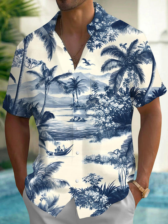 men's Hawaiian shirt front view tropical beach vacation
