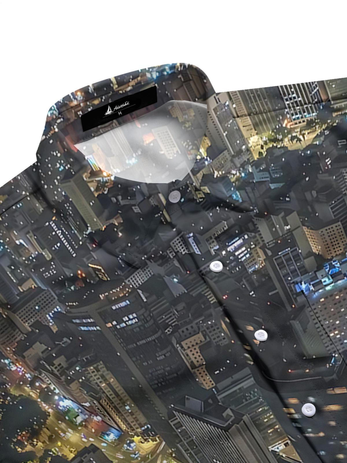 City Night Scene Print Men's Pocket Short Sleeve Shirts