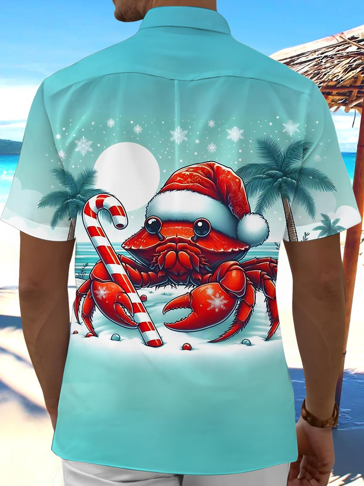 Christmas Crab Print Men's Pocket Short Sleeve Shirts