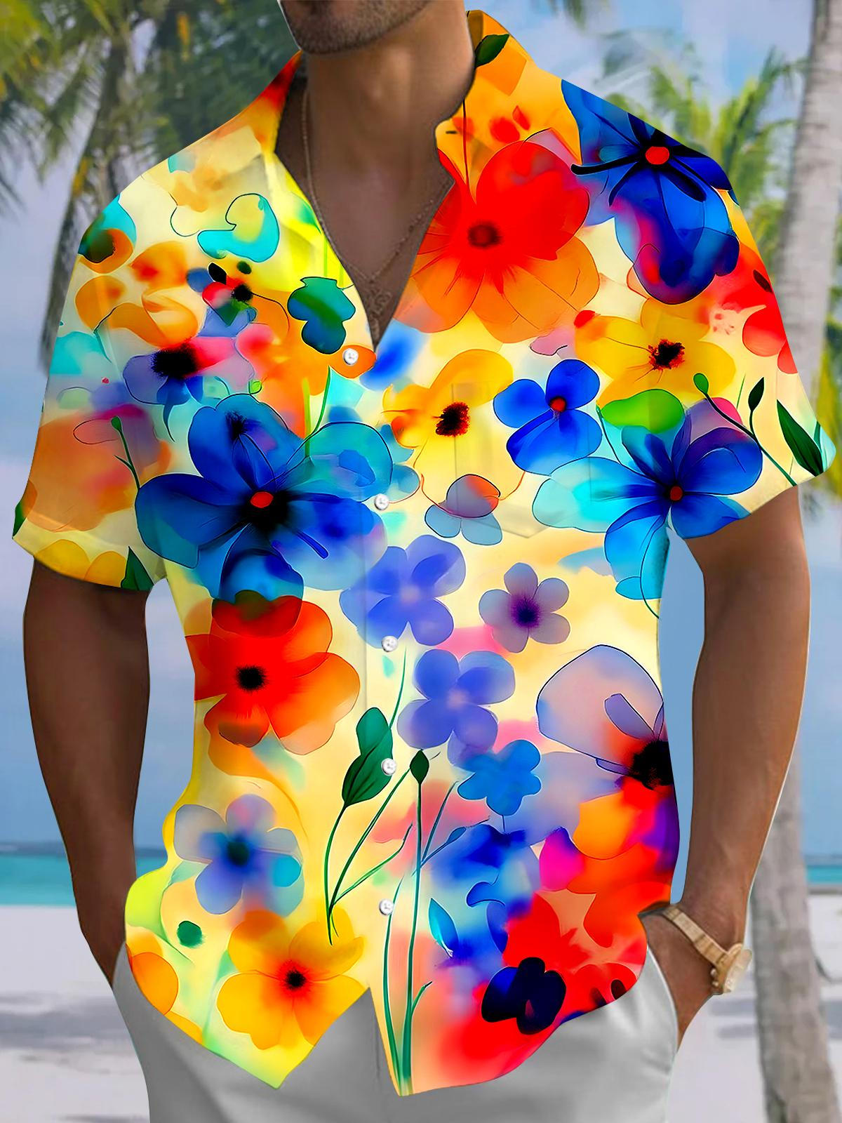 men's Hawaiian shirt front view tropical beach vacation