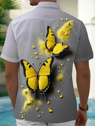 Men's blue butterfly print short sleeve shirt back view