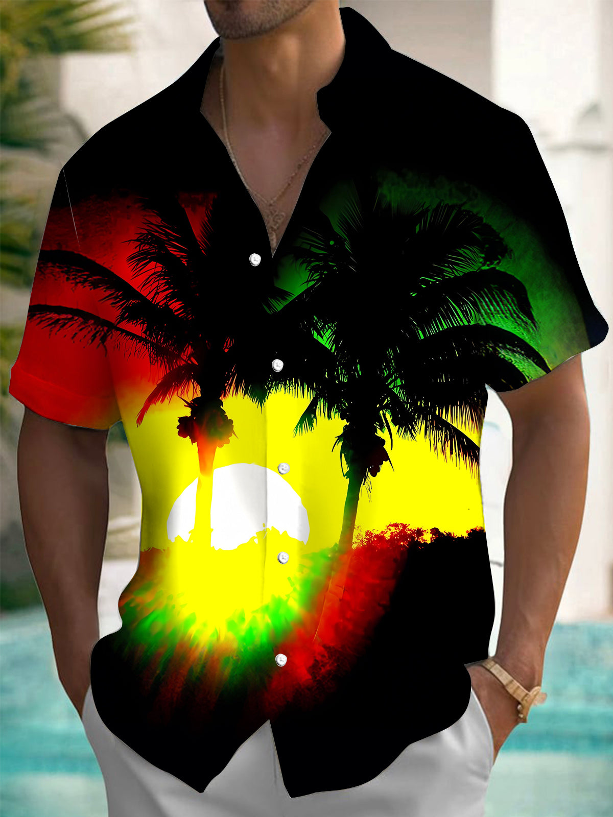 Coconut Tree Sunset Men's Pocket Short Sleeve Shirts